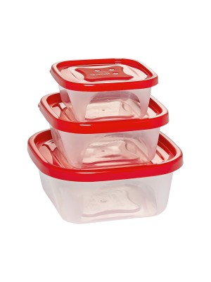 Conjunto Potes Monza 3 Peças – Potes Plásticos com Tampa Vermelha, Corpo Translúcido, Empilháveis, Resistentes e Ideais para Geladeira e Marmitas