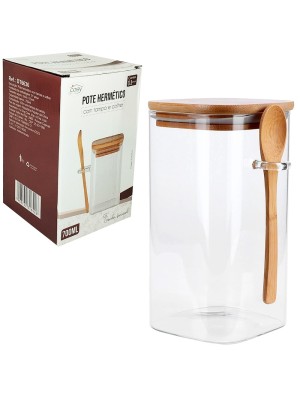 POTE HERMETICO DE VIDRO QUADRADO COM TAMPA E COLHER DE BAMBU 700ML UN. FU XING