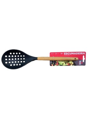 ESCUMADEIRA VAZADA DE SILICONE C/CABO DE MADEIRA UN.