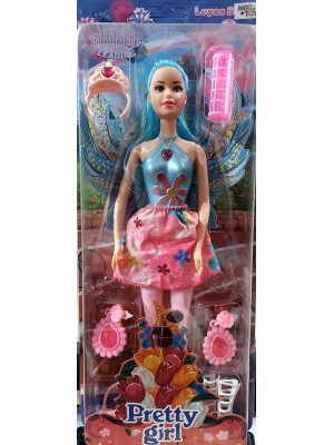 Boneca Fada Com Asas, Pretty Girl com Acessorios Incluindo Sandalia, Brincos, Tiara, Bobs e Bolsa