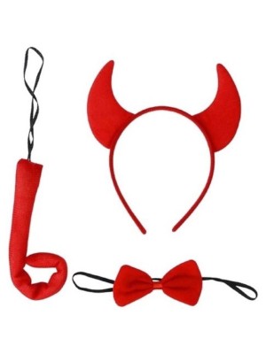 Fantasia Kit Diabinha 3 Peças – Acessórios de Halloween com Arco de Chifres, Tridente e Cauda para Fantasia Infantil e Adulta