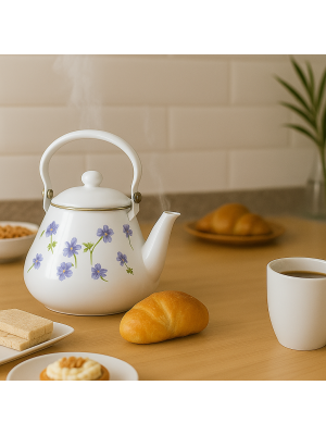 Chaleira Esmaltada Retrô Branca Estampa Floral Azul 1,3L