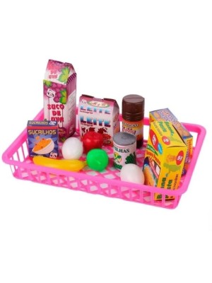 Brinquedo Educativo Mini Mercado Infantil Pica Pau para Crianças +3 Anos com Cestinha Frutas e Comidinhas