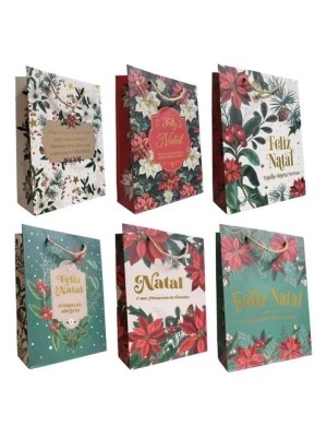 Sacola para Presente de Papel Natalina Estampada 28x37x12cm com Alça Reforçada