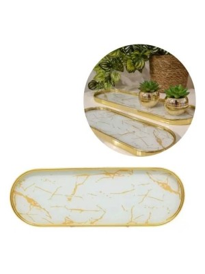 Bandeja Decorativa Oval Mármore em Vidro e Alumínio 30cm Decoracao Sofisticada
