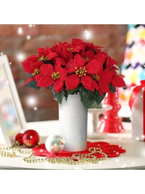 Buquê Poinsetia Luxus 45cm – 5 Flores Vermelhas com Glitter para Decoração Natalina Sofisticada