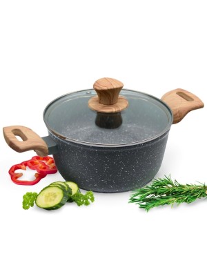 Caçarola Indução Antiaderente 24cm com Revestimento Granito | Fundo Triplo Magnético, Tampa de Vidro e Alças Soft Touch