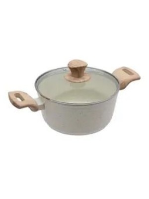 Caçarola Indução Antiaderente 24cm Bege com Tampa de Vidro | Fundo Triplo Magnético, Cabo Soft Touch e Revestimento Saudável